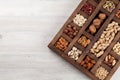 Various nuts in wooden box Royalty Free Stock Photo