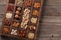 Various nuts in wooden box Royalty Free Stock Photo