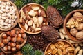 Various nuts on wooden table