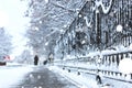 Pedestrian sidewalk the fence winter Royalty Free Stock Photo