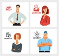 Various office professions. Grotesquely drawn boss, secretary, manager and security guard Royalty Free Stock Photo