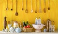 Various old kitchen utensils and vegetables