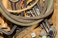 Various old rusty tools in the box. chaos of working things Royalty Free Stock Photo