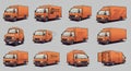 Various orange delivery vans are illustrated in different styles and angles against a Royalty Free Stock Photo