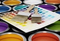 Paint cans, roller and color guide. 3D illustration Royalty Free Stock Photo