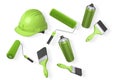 Various painting tools including rollers, brushes, spray cans and hard hat, isolated on white background, concept of painting work Royalty Free Stock Photo