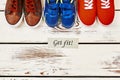 Various pairs of colourful sneakers. Royalty Free Stock Photo