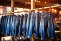 Various pairs of jeans neatly displayed on a clothes line, Jeans hanging on hangers in the store, AI Generated