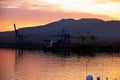 Various panoramic views of the piers, terminal and coastline of the Port of Vostocnyy, Russia.