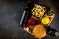 Various party food, Hamburgers, French fries, potato chips, pick