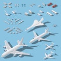 Various passenger airplanes and maintenance equipment for airport isometric icons set Royalty Free Stock Photo