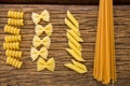 Various pasta arranged in a row Royalty Free Stock Photo