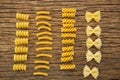 Various pasta arranged in a row Royalty Free Stock Photo