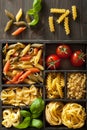 Various pasta in black wooden box