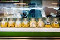 Various pasta selection in labeled jars Royalty Free Stock Photo