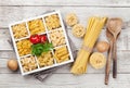 Various pasta in wooden box