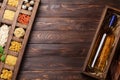 Various pasta in wooden box and wine Royalty Free Stock Photo