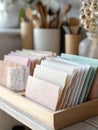 Various pastel paper and envelopes on a wooden tray. Royalty Free Stock Photo