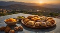 Golden Hour Pastry Platter with Mountain View: Delightful assortment of sweet pastries, served outdo Royalty Free Stock Photo
