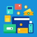 Various payment method icons on blue background credit card Royalty Free Stock Photo