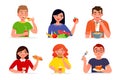 Various people eating fast food and healthy food vector flat illustration. Men and women eat tasty dishes and meals