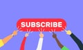 Various people hands click subscribe button social media blogging concept vector