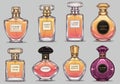 Various perfume bottles illustrated in a digital style are displayed on Royalty Free Stock Photo