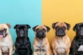 Various pets at veterinarian clinic on soft colored background with space for text