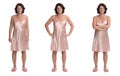 Various photos of the same woman with nightgown on white background, front view