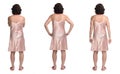 Various photos of the same woman with nightgown on white background, rear view