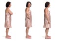 Various photos of the same woman with nightgown on white background, side view