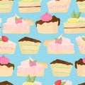 Various piece of cake and cheesecake vector seamless pattern in flat cartoons style. Happy birthday cake background