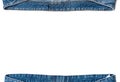Various pieces of blue jeans isolated on a white background. The combination of fabric elements and empty space. Ready for Royalty Free Stock Photo