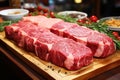 Various pieces of fresh raw red meat in the supermarket, beef, pork, assorted meat steaks on a wooden board. Royalty Free Stock Photo