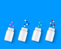 Various pills, tablets and capsules with white bottles on blue background