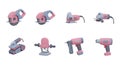 Various pink and gray power tools for construction and carpentry work collection Royalty Free Stock Photo