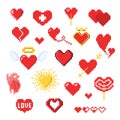 Various pixel heart icons isolated on white, Valentines day decor in pixel art style