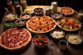 various pizza toppings arranged on table