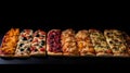 Various pizzas in a row, on a black background. Traditional Italian cuisine. AI generated.