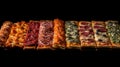 Various pizzas in a row, on a black background. Traditional Italian cuisine. AI generated.