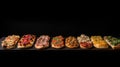 Various pizzas in a row, on a black background. Traditional Italian cuisine. AI generated.