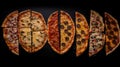 Various pizzas in a row, on a black background. Traditional Italian cuisine. AI generated.