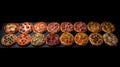 Various pizzas in a row, on a black background. Traditional Italian cuisine. AI generated.