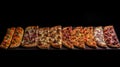 Various pizzas in a row, on a black background. Traditional Italian cuisine. AI generated.