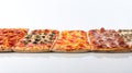 Various pizzas in a row, on a white background. Traditional Italian cuisine. AI generated.