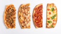 Various pizzas in a row, on a white background. Traditional Italian cuisine. AI generated.