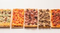 Various pizzas in a row, on a white background. Traditional Italian cuisine. AI generated.