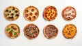 Various pizzas in a row, on a white background. Traditional Italian cuisine. AI generated.