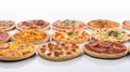 Various pizzas in a row, on a white background. Traditional Italian cuisine. AI generated.