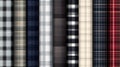 Various plaid fabric patterns displayed in vertical stripes